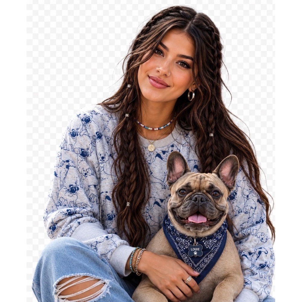 WOOF! L.A. Soul Women Sweatshirt M Grey Blue All Over Dog Print Pug Lab Pullover